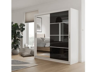 HIGHLAND 203cm white sliding wardrobe with mirrored door and black glass door