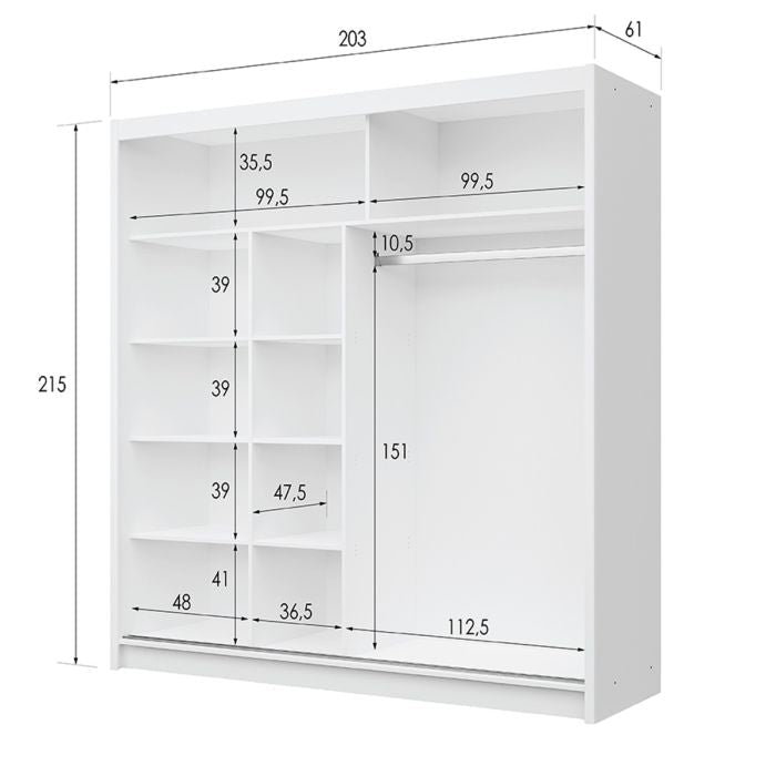 White 203cm sliding wardrobe with mirrored door and internal dimensions shown.
