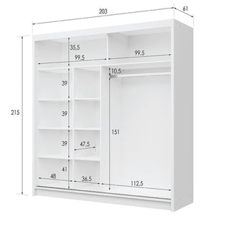 White 203cm sliding wardrobe with mirrored door and internal dimensions shown.