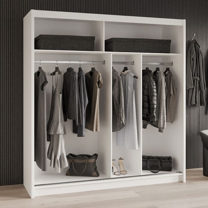 White 2-door sliding wardrobe interior with clothes, bags, and storage boxes