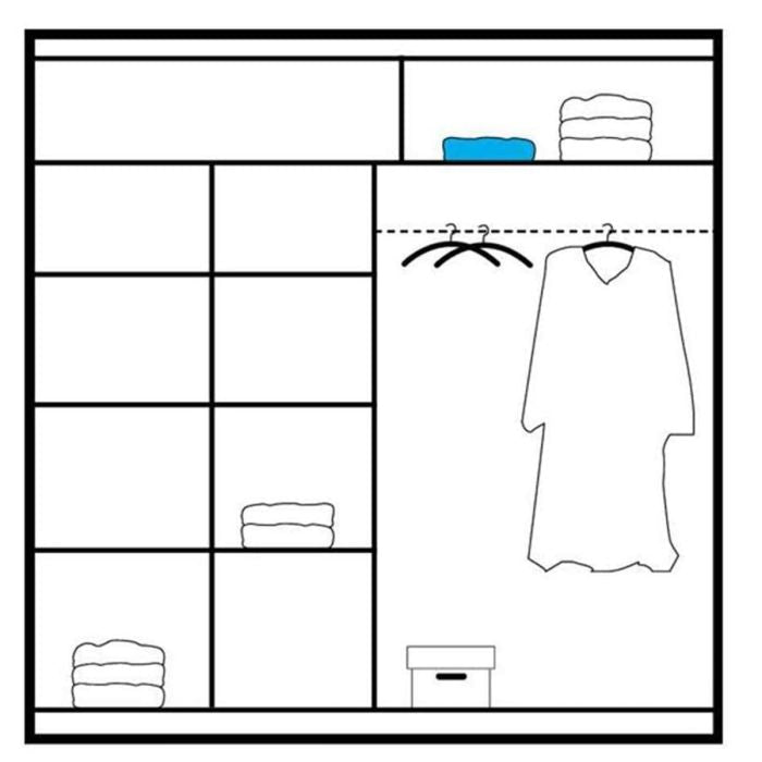 Line drawing of a sliding wardrobe interior showing shelves, hanging rails with clothes, and storage boxes.