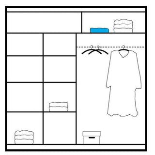 Line drawing of a sliding wardrobe interior showing shelves, hanging rails with clothes, and storage boxes.