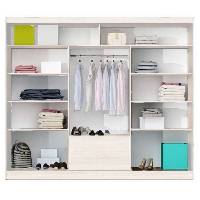 ROTHERHAM 3-door white sliding wardrobe with shelves, hanging rail and shoe storage.