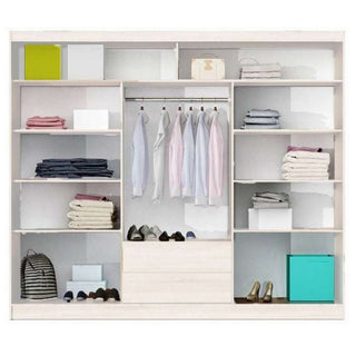 ROTHERHAM 3-door white sliding wardrobe with shelves, hanging rail and shoe storage.