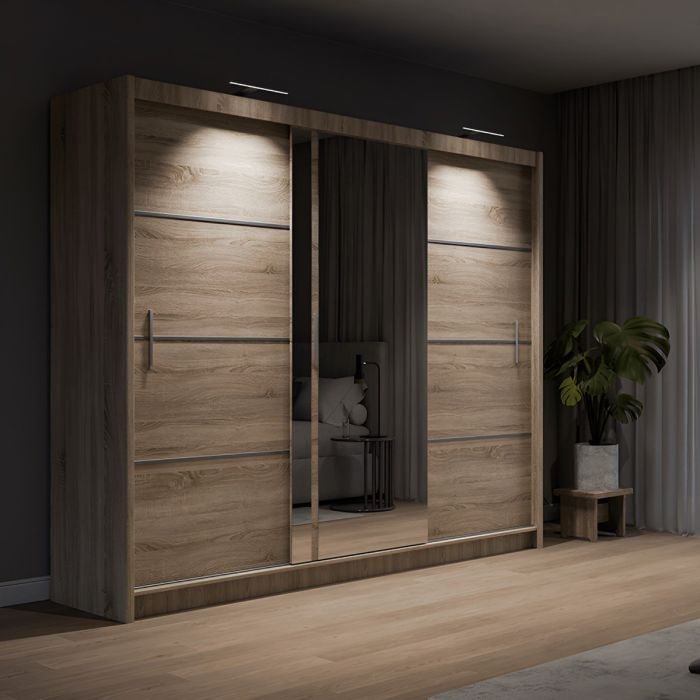 Broadland 3 door sliding wardrobe in Oak Sonoma finish with mirrored door panel