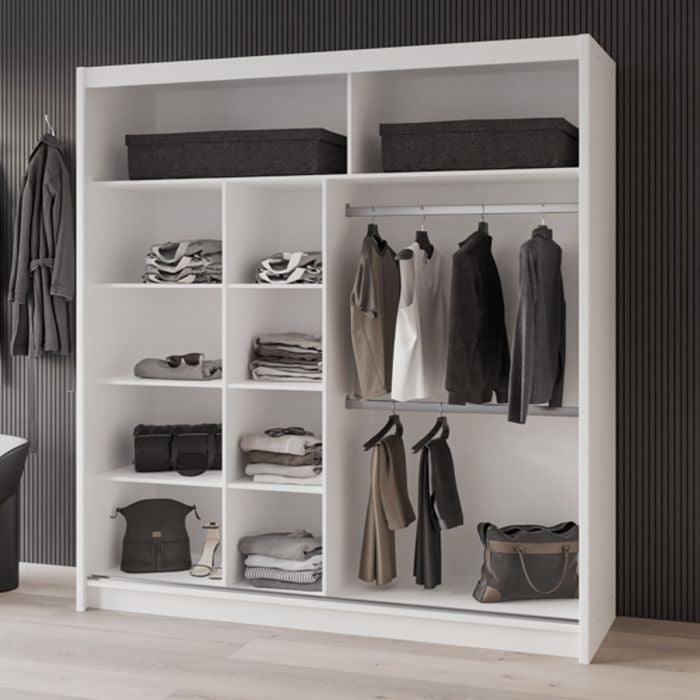 White 2-door sliding wardrobe with shelves and hanging rail storage