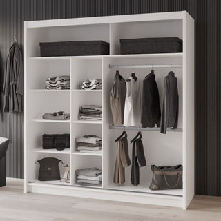 White 2-door sliding wardrobe with shelves and hanging rail storage