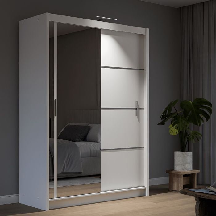 White 2-door sliding wardrobe with a full-length mirrored door.