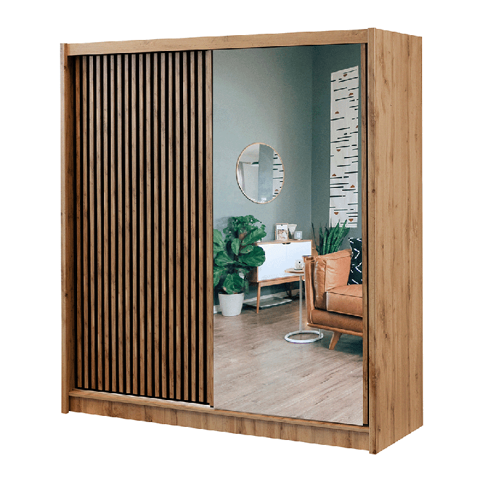 CALVERO 2 Door Sliding Wardrobe in medium oak finish with slatted door and mirrored door, 203cm