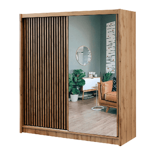 CALVERO 2 Door Sliding Wardrobe in medium oak finish with slatted door and mirrored door, 203cm