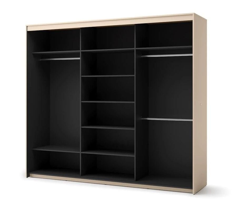 Open ALPHA 3-door sliding wardrobe in beige and black with shelves and hanging rails
