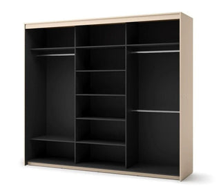 Open ALPHA 3-door sliding wardrobe in beige and black with shelves and hanging rails