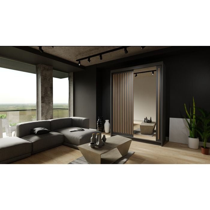 Modern living room featuring a CHOICEWARDROBE Zeus 150cm wide sliding door wardrobe with black mirrored doors.
