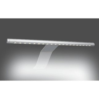 A slim, silver LED light bar with evenly spaced lights is mounted on a flat, angled bracket, casting bright illumination downward—perfect for highlighting your ZEUS 2 Door Mirrored Wardrobe Black 150cm.