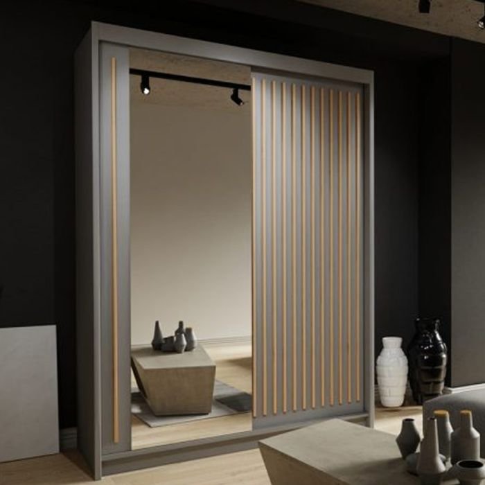 CHOICEWARDROBE Zeus 150cm grey laminate sliding door wardrobe with mirror.