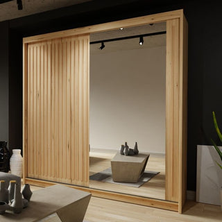 The ZEUS 2 Door Mirrored Wardrobe Oak 150cm is a spacious, durable sliding wardrobe featuring one side in vertical oak wood panels and the other with a full-length mirror, perfect for modern interiors.