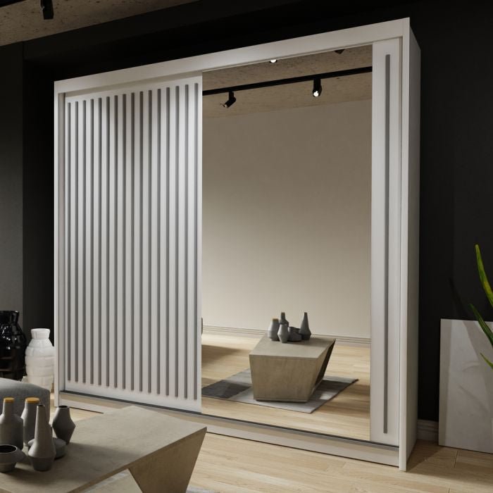CHOICEWARDROBE ZEUS 150cm white sliding door wardrobe with a mirrored panel.