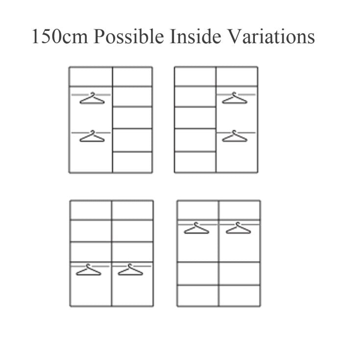 ZEUS 150cm sliding door wardrobe internal layout variations with white mirrored doors