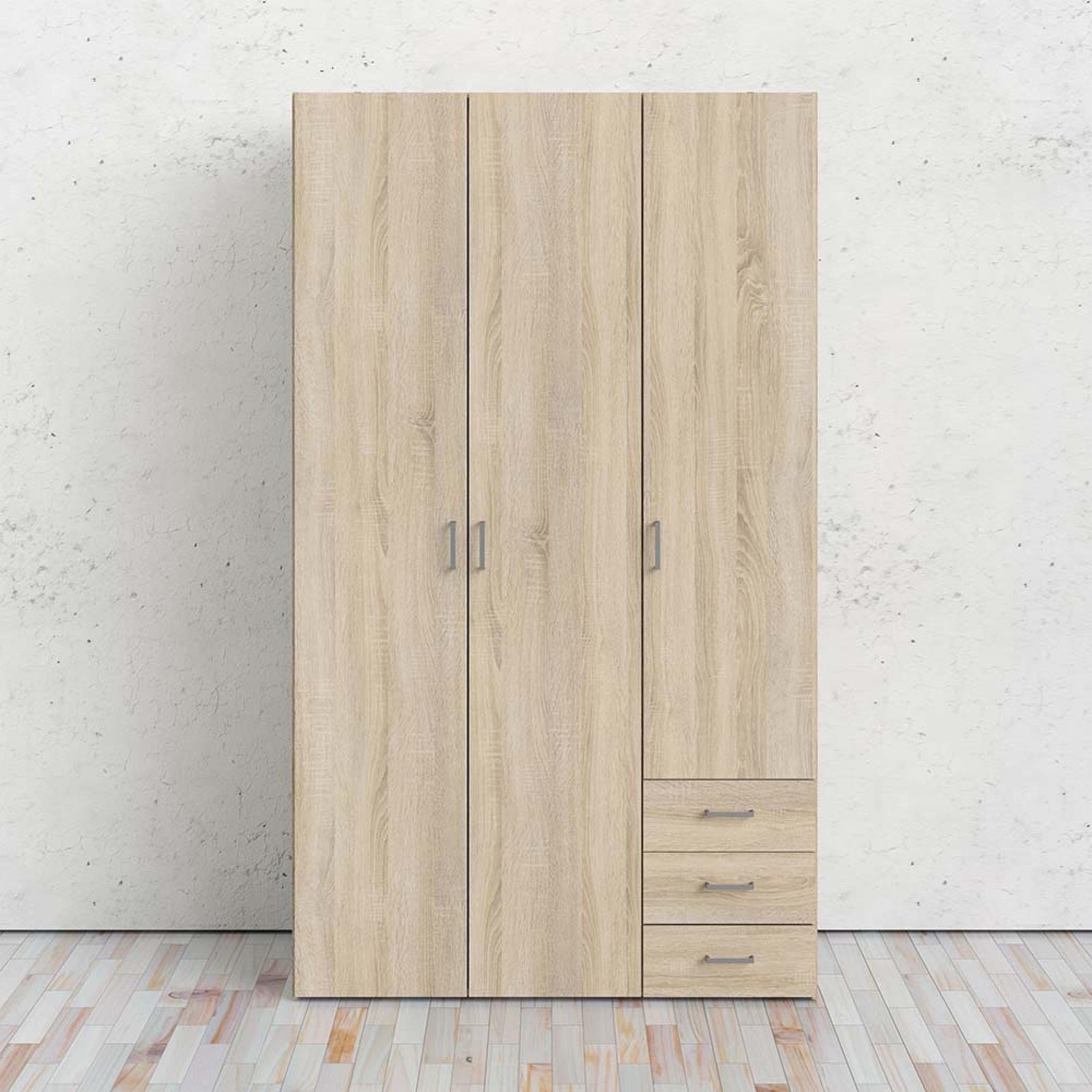 Space 115cm oak wardrobe with 3 doors and 3 drawers
