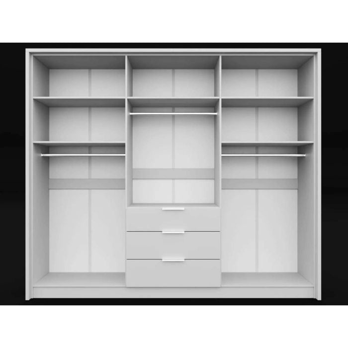 White 6 door wardrobe interior with shelves and hanging rails