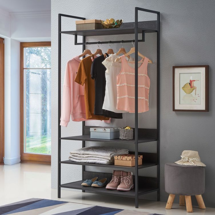 Zahra Wide Open Wardrobe with 4 Shelves – Black – image 1