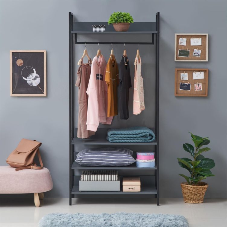 Zahra Wide Open Wardrobe with 4 Shelves – Dark Grey – image 1