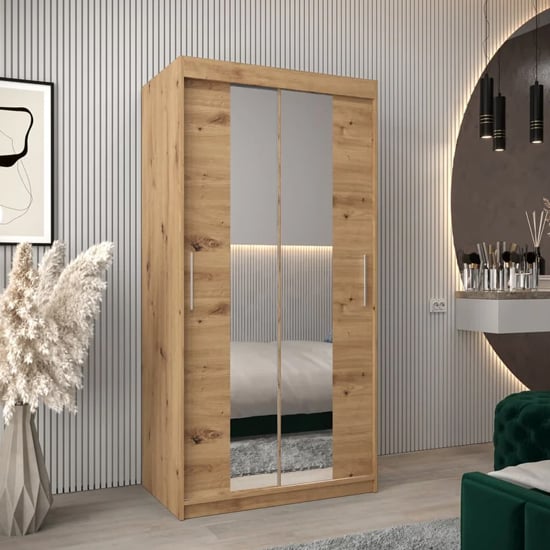 Tavira I 100cm Artisan Oak sliding door wardrobe with mirrored panels