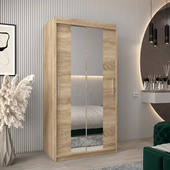 Sonoma Oak Tavira I sliding door wardrobe with mirrored panels (100cm)