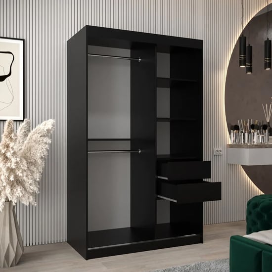 Black 120cm sliding wardrobe with 2 mirrored doors, internal rails and shelves