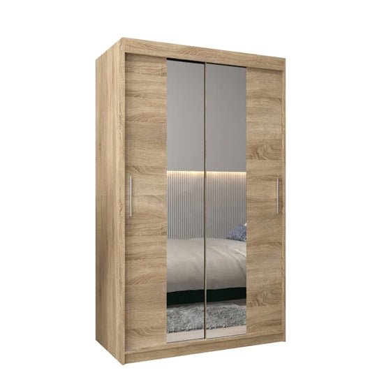 Sonoma Oak sliding wardrobe 120cm with mirrored doors reflecting a bed and headboard.