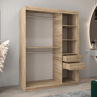 The Tavira I Mirrored Wardrobe with 2 sliding doors (150cm, Sonoma Oak) features two open hanging sections, shelves on the right, and two open drawers. It sits against a grooved wall in a modern interior.