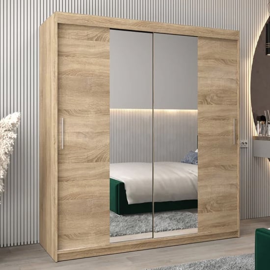 TAVIRA I 180cm Sonoma Oak Mirrored Sliding Wardrobe with 2 doors.