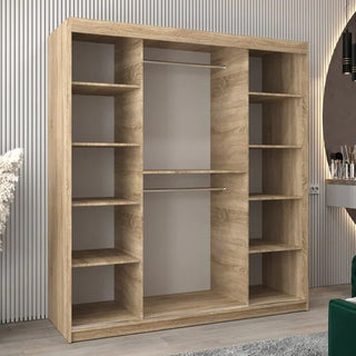 The Tavira I Mirrored Wardrobe 2 Sliding Doors 180cm in Sonoma Oak, with open side shelves and a central hanging section, features a light wood finish and is shown against vertically paneled white walls.