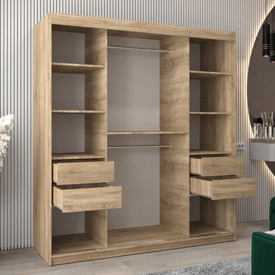 Tavira I 180cm Sonoma Oak mirrored sliding wardrobe with internal shelves and hanging rails.