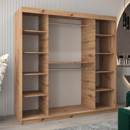 Tavira I 200cm Artisan Oak sliding mirrored wardrobe with shelves and hanging rails