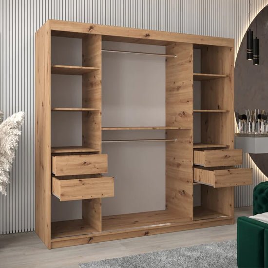 200cm Tavira I artisan oak sliding wardrobe with mirrored doors, showing open shelves and drawers.