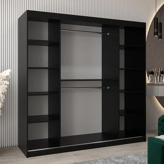 The Tavira I Mirrored Wardrobe with 2 sliding doors in black (200cm) stands against a light striped wall, featuring multiple shelves on both sides and two central hanging rods, perfect for modern rooms.