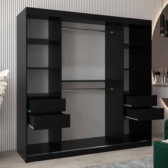 Tavira I black 200cm sliding wardrobe with mirrored doors, shelves, hanging rails and drawers.