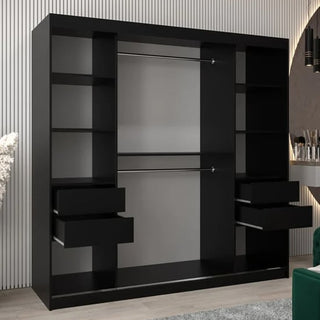 The Tavira I Mirrored Wardrobe 2 Sliding Doors 200cm in Black features two hanging rods, multiple shelves on both sides, and four pull-out drawers, all with a sleek design perfect for modern rooms.