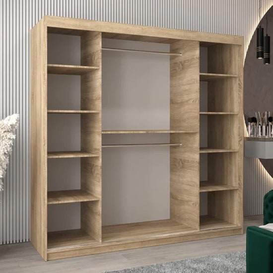 CHOICEWARDROBE 200cm Sonoma Oak sliding door wardrobe with internal shelves and hanging rails.