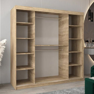 The Tavira I Mirrored Wardrobe (200cm, Sonoma Oak) with 2 sliding doors features open shelves on both sides and two central hanging rods, displayed empty against a modern wall with vertical panels.