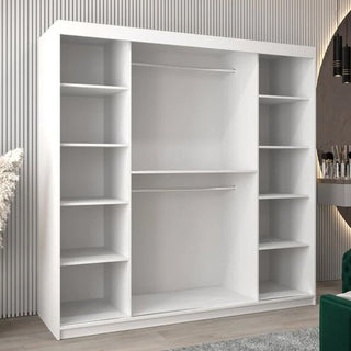 The Tavira I Mirrored Wardrobe 2 Sliding Doors 200cm in White features spacious shelves on both sides, two central hanging rods, and sleek sliding doors, making it a stylish and practical storage solution for modern rooms.