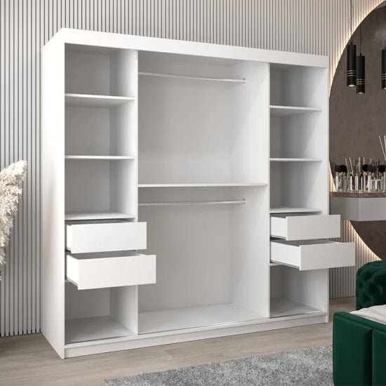 CHOICEWARDROBE Tavira I white mirrored sliding wardrobe, 2 doors, shelves and drawers