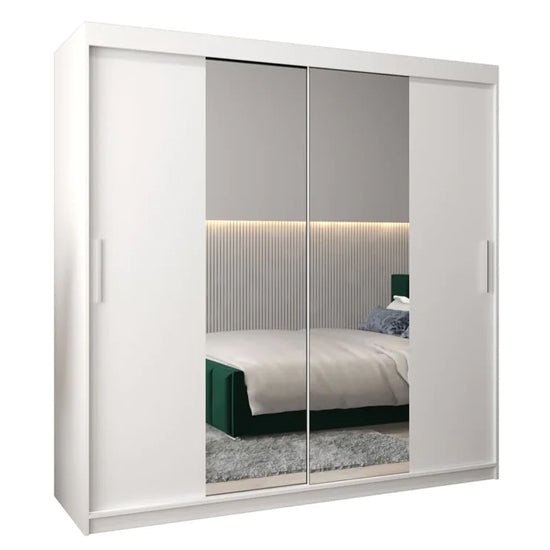 CHOICEWARDROBE 200cm white sliding wardrobe with two mirrored doors reflecting a bedroom interior.