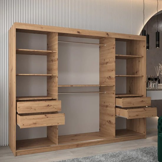 Tavira I mirrored wardrobe, 250cm, 3 sliding doors, artisan oak finish.