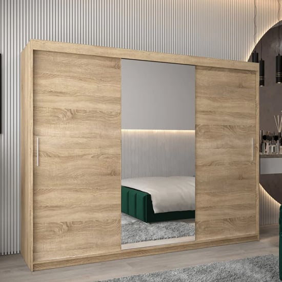 Tavira I 250cm 3-door sliding wardrobe in Sonoma Oak with mirrored panel.