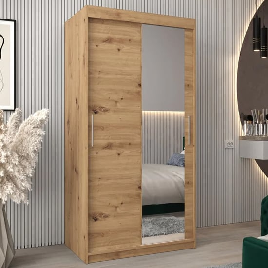 Tavira II 100cm sliding wardrobe in Artisan Oak with one mirrored door.