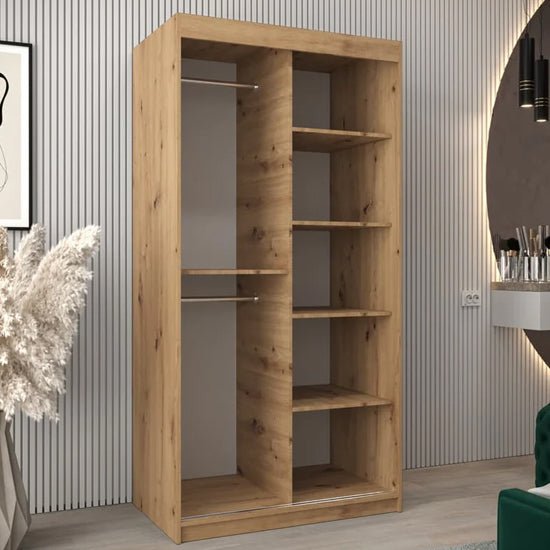 Tavira II Artisan Oak 100cm sliding wardrobe with one mirrored door and open shelves.