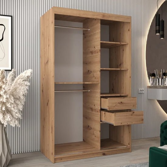 Tavira II 120cm sliding door wardrobe in Artisan Oak with hanging rails, shelves, and two open drawers.