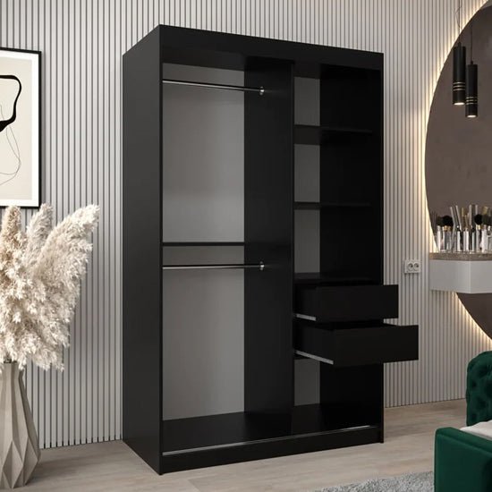 Tavira II black sliding wardrobe with one mirrored door, two hanging rails, and visible drawers.